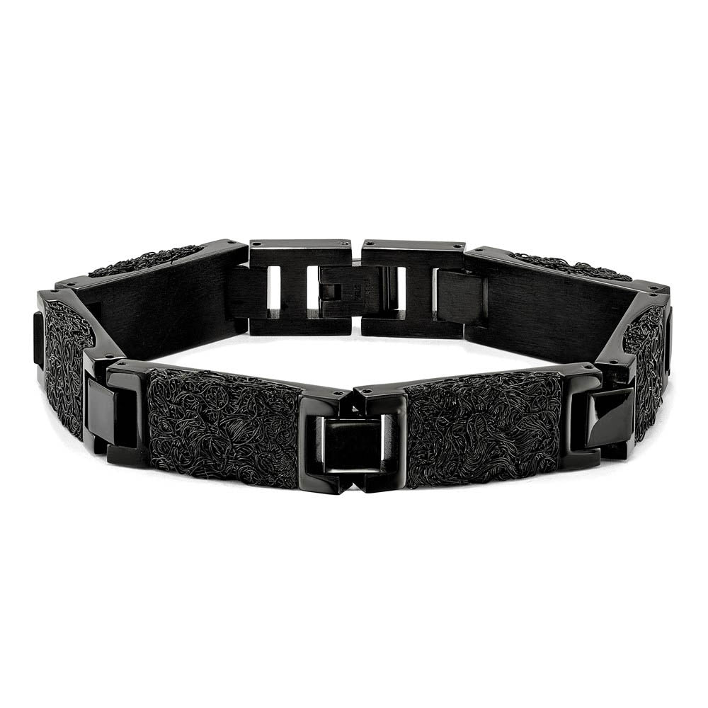 Alternate view of the 12mm Black Plated Stainless Steel Textured Wire Link Bracelet, 8.5 In by The Black Bow Jewelry Co.
