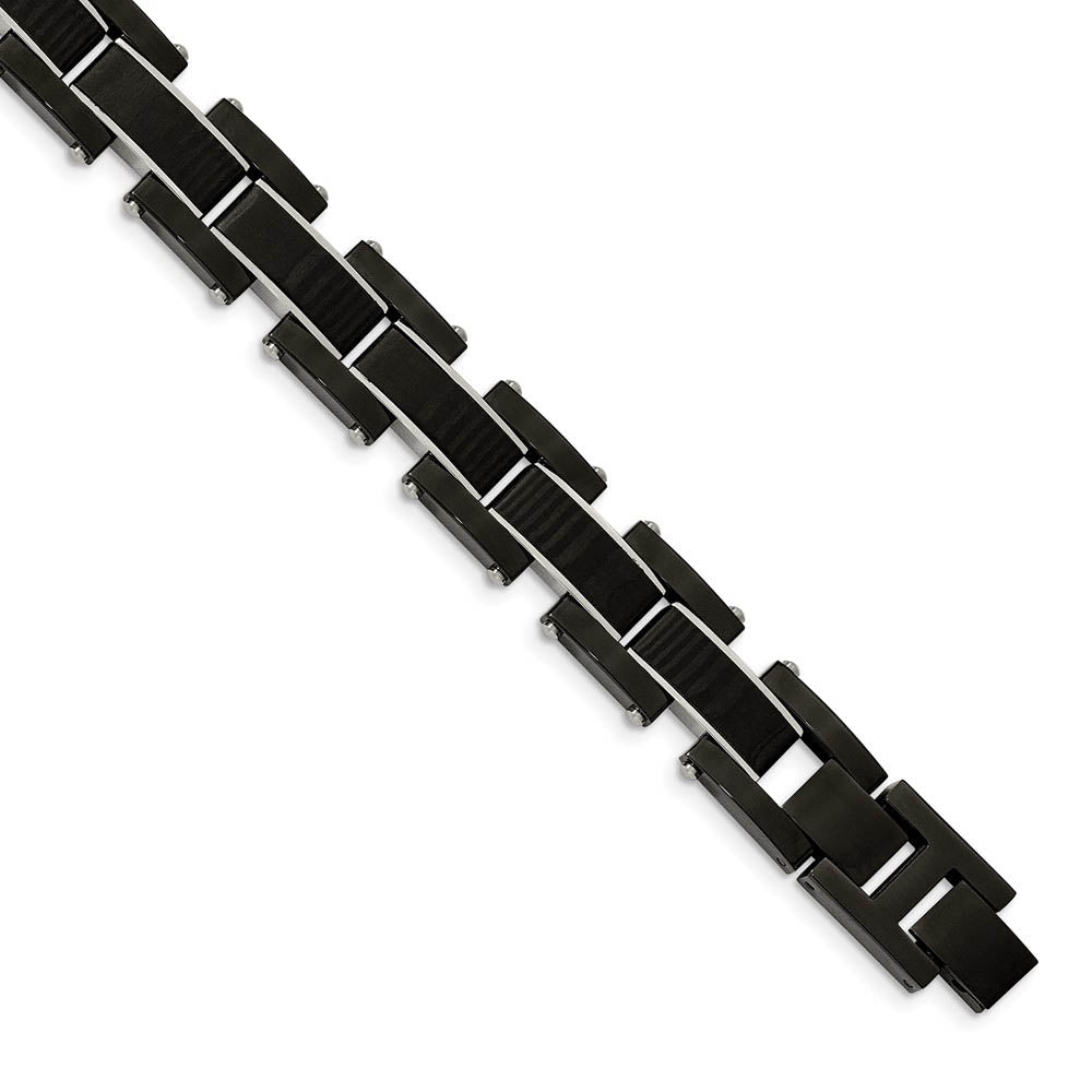 15mm Black Plated Stainless Steel & Carbon Fiber Link Bracelet, 8.5 In, Item B18661 by The Black Bow Jewelry Co.