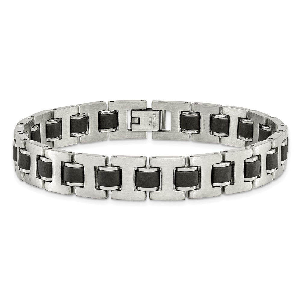 Alternate view of the 11mm Brushed Stainless Steel & Black Rubber Link Bracelet, 8.5 Inch by The Black Bow Jewelry Co.