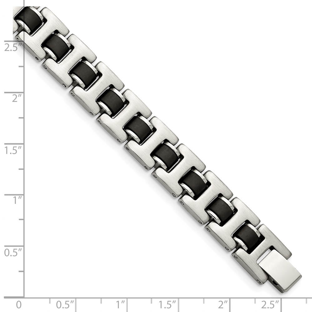 Alternate view of the 11mm Brushed Stainless Steel & Black Rubber Link Bracelet, 8.5 Inch by The Black Bow Jewelry Co.