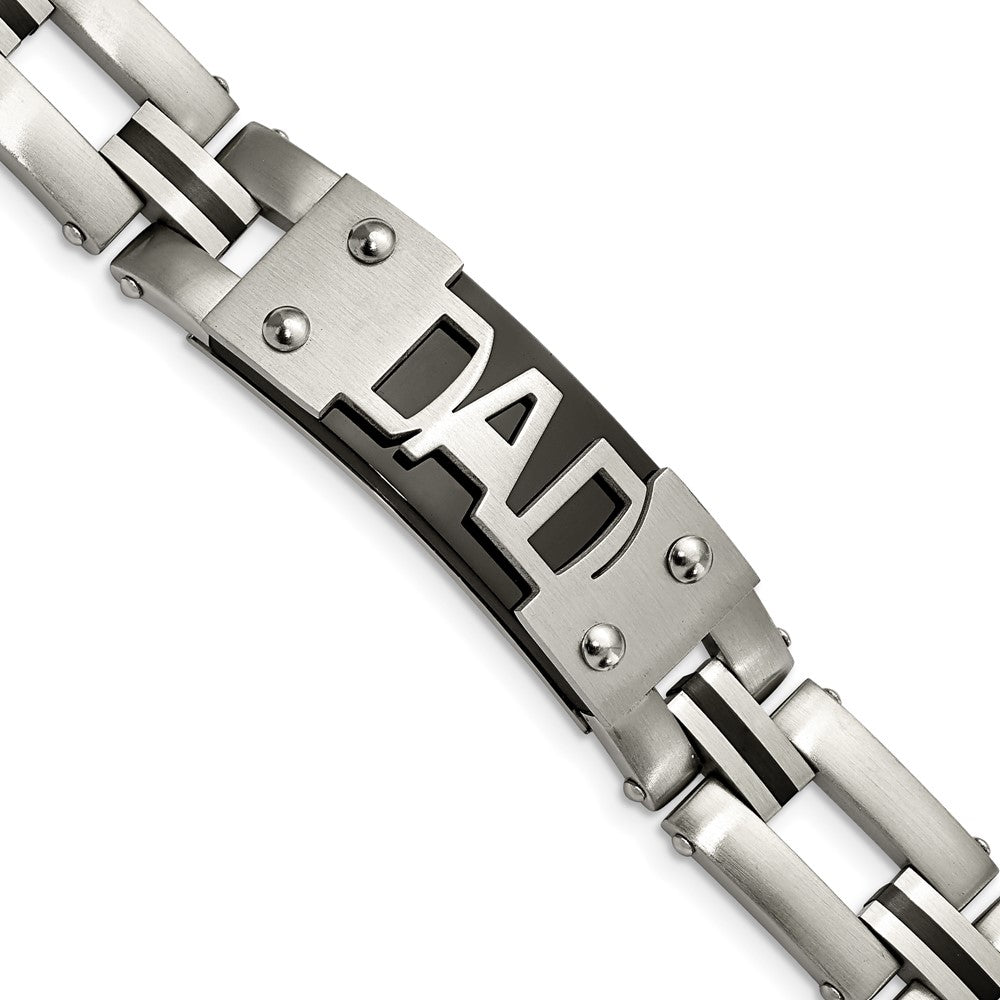 15mm Stainless Steel &amp; Black Plated DAD I.D. Link Bracelet, 9 Inch, Item B18668 by The Black Bow Jewelry Co.