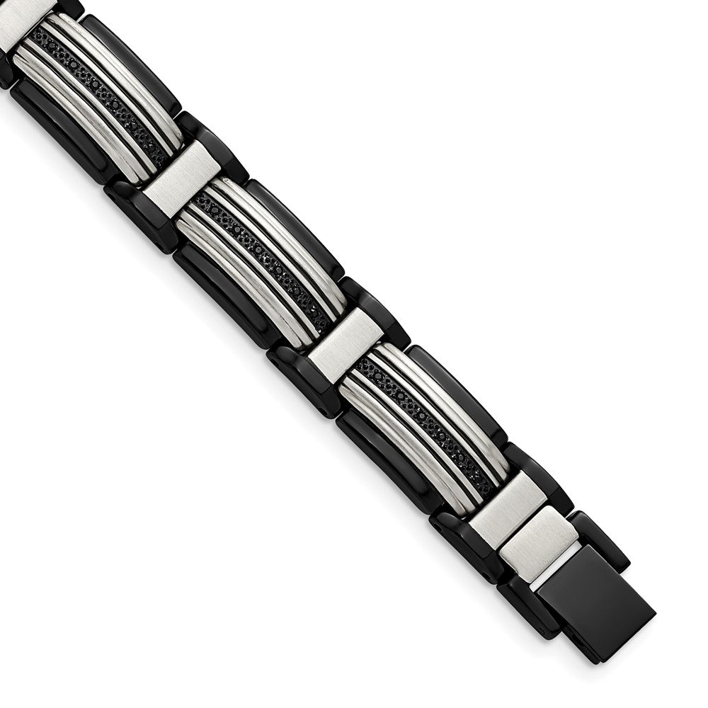 Mens 12mm Two-Tone Stainless Steel &amp; Black CZ Link Bracelet, 8.75 Inch, Item B18669 by The Black Bow Jewelry Co.