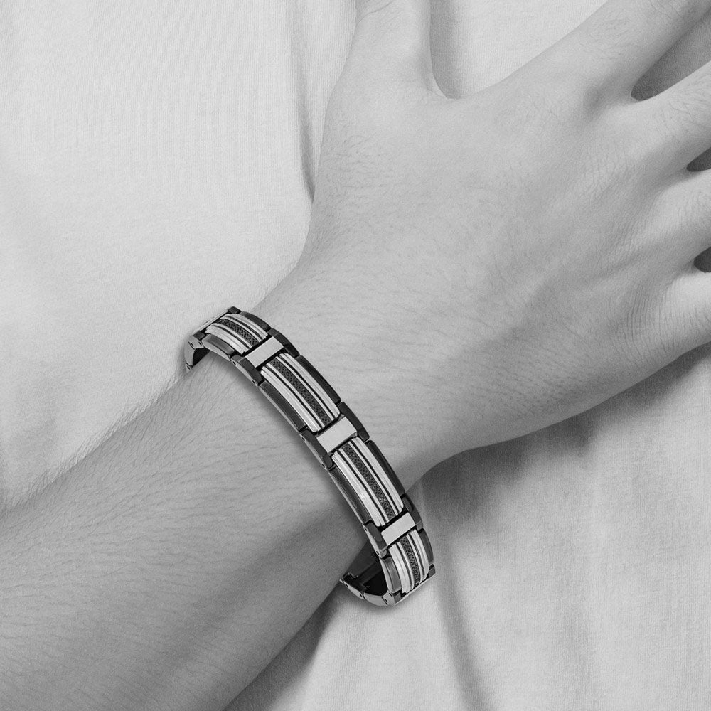 Alternate view of the Mens 12mm Two-Tone Stainless Steel &amp; Black CZ Link Bracelet, 8.75 Inch by The Black Bow Jewelry Co.