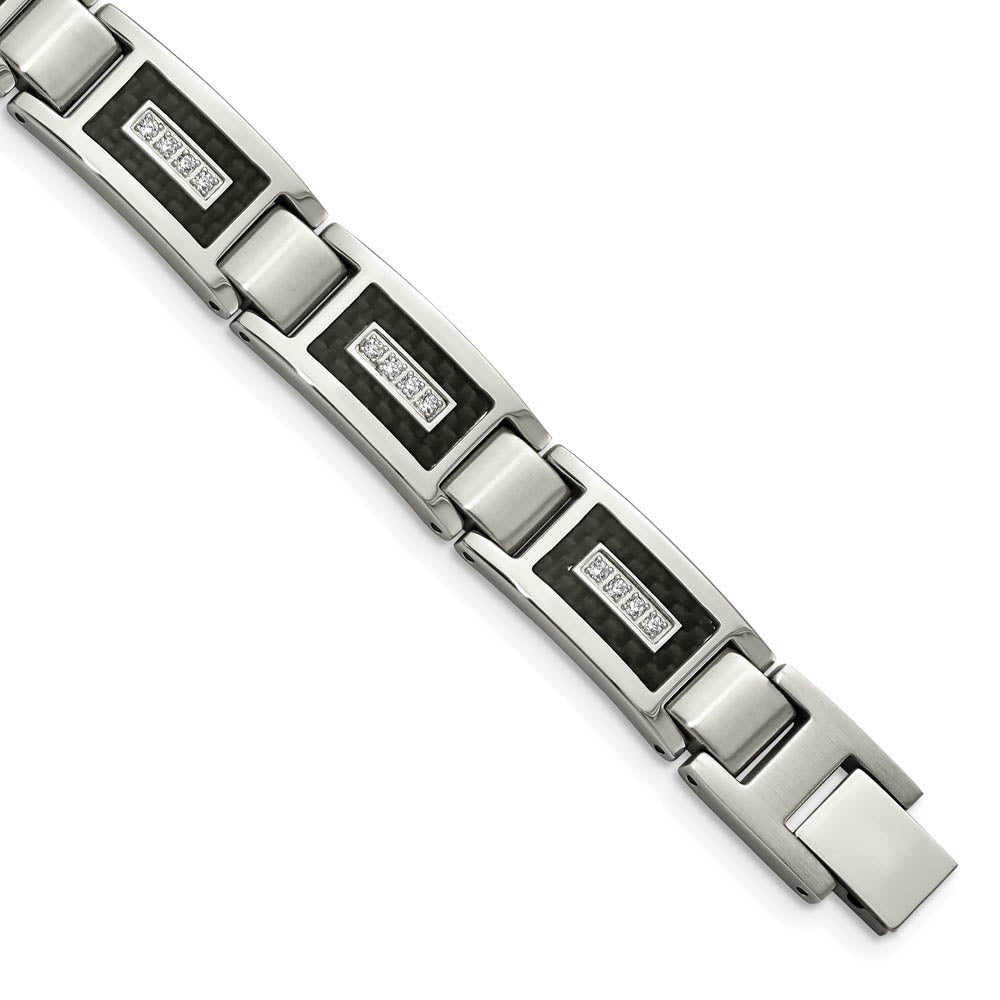11mm Stainless Steel, CZ & Black Carbon Fiber Link Bracelet, 8.75 In, Item B18670 by The Black Bow Jewelry Co.