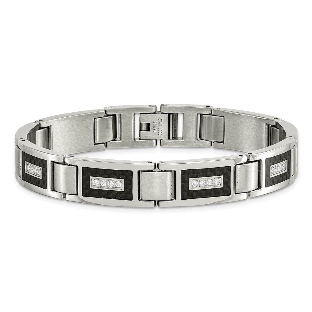 Alternate view of the 11mm Stainless Steel, CZ & Black Carbon Fiber Link Bracelet, 8.75 In by The Black Bow Jewelry Co.
