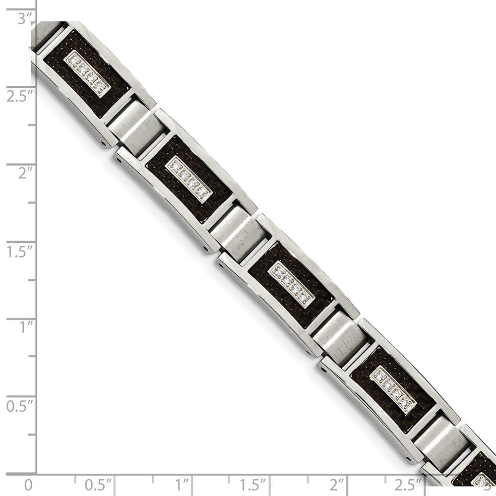 Alternate view of the 11mm Stainless Steel, CZ & Black Carbon Fiber Link Bracelet, 8.75 In by The Black Bow Jewelry Co.