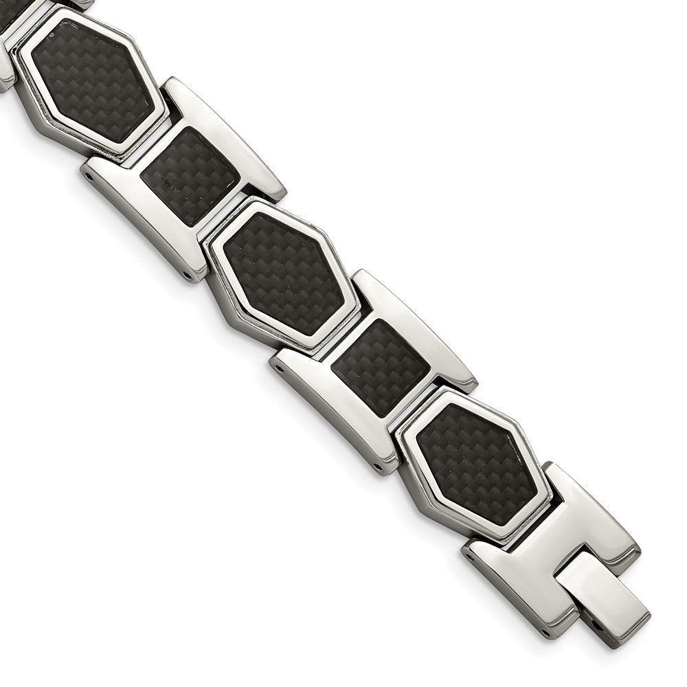 Mens 14mm Stainless Steel &amp; Black Carbon Fiber Link Bracelet, 8.75 In, Item B18671 by The Black Bow Jewelry Co.