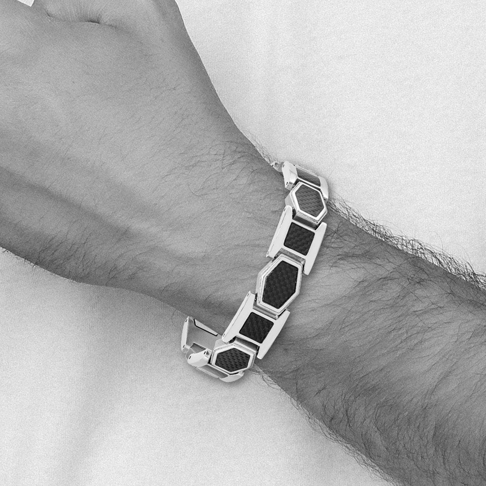Alternate view of the Mens 14mm Stainless Steel &amp; Black Carbon Fiber Link Bracelet, 8.75 In by The Black Bow Jewelry Co.