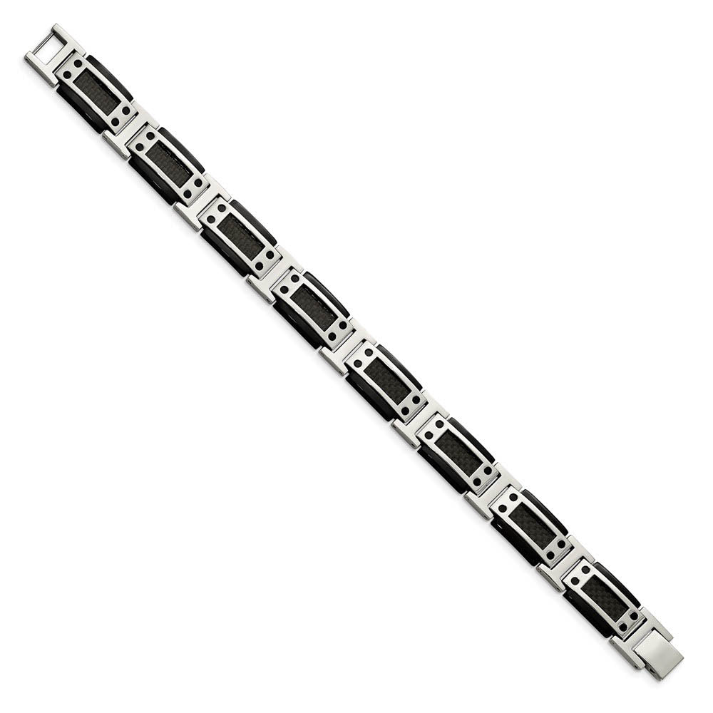 Alternate view of the 12mm Stainless Steel Black Plated Carbon Fiber Link Bracelet, 8.5 Inch by The Black Bow Jewelry Co.