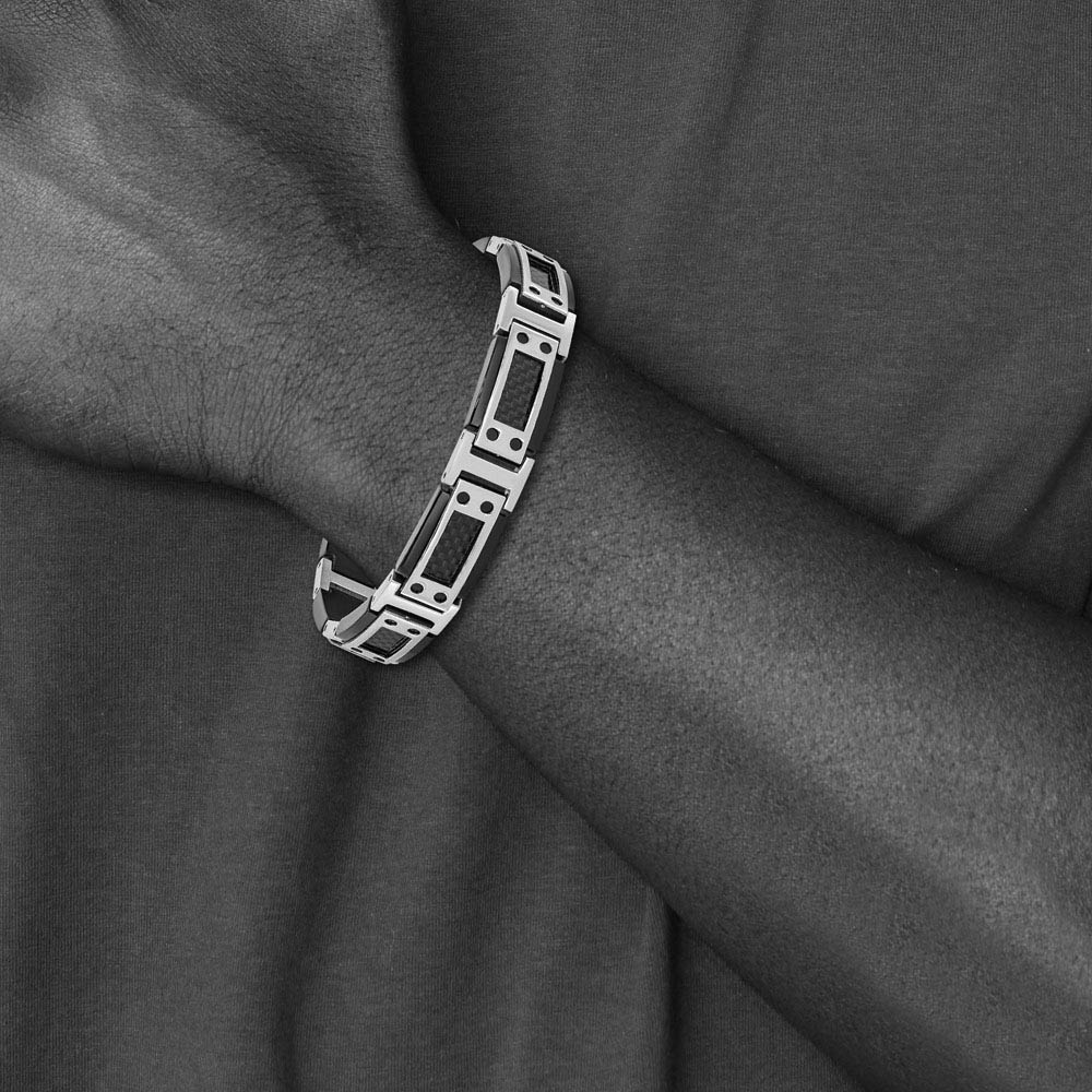 Alternate view of the 12mm Stainless Steel Black Plated Carbon Fiber Link Bracelet, 8.5 Inch by The Black Bow Jewelry Co.