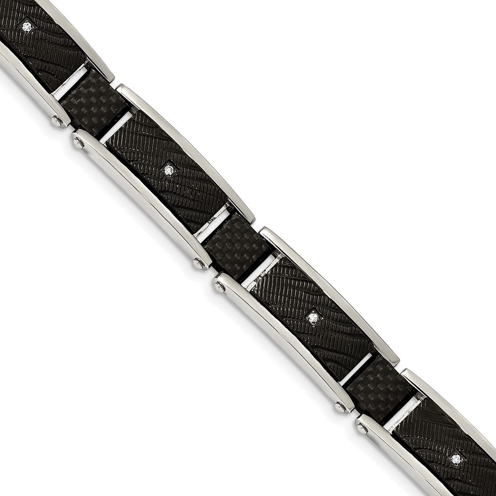 11mm Two-Tone Stainless Steel, CZ, Blk Carbon Fiber Bracelet, 8.75 In, Item B18673 by The Black Bow Jewelry Co.