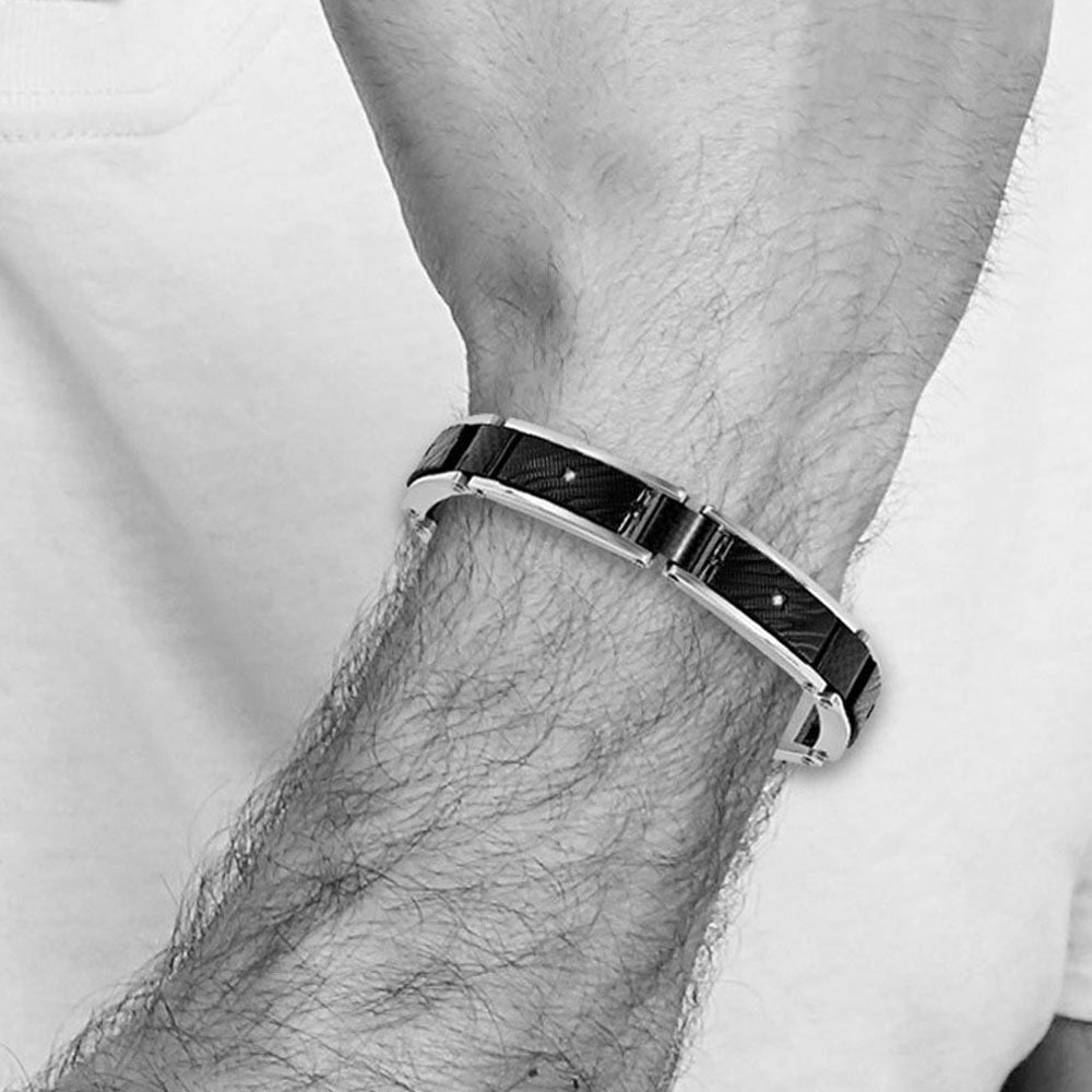 Alternate view of the 11mm Two-Tone Stainless Steel, CZ, Blk Carbon Fiber Bracelet, 8.75 In by The Black Bow Jewelry Co.