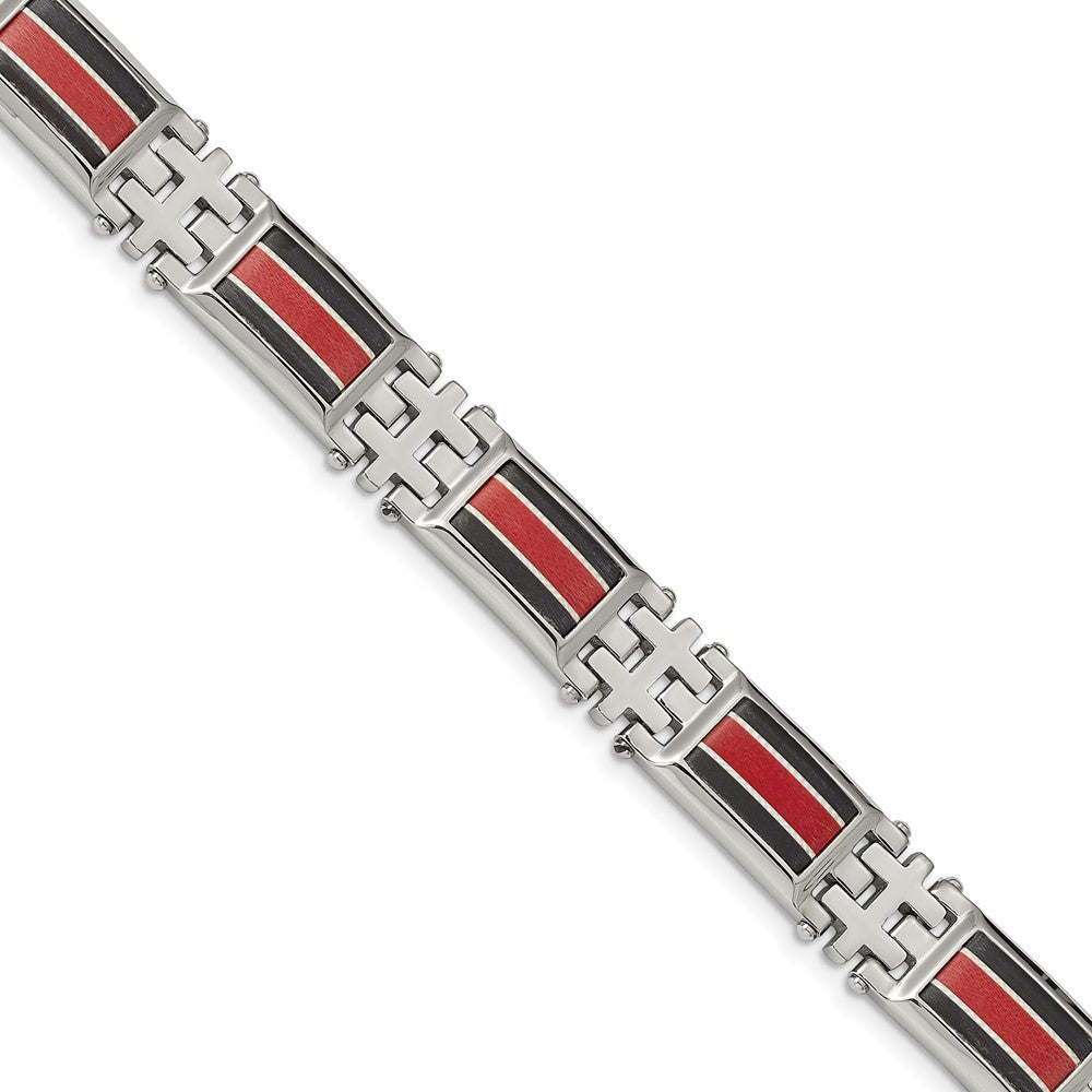 13mm Stainless Steel Blk Carbon Fiber Red Fiberglass Bracelet, 9.25 In, Item B18674 by The Black Bow Jewelry Co.