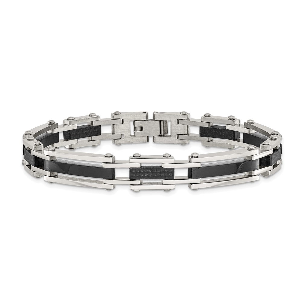 Alternate view of the 9.25mm Stainless Steel Black Plated &amp; Carbon Fiber Bracelet, 8.25 Inch by The Black Bow Jewelry Co.