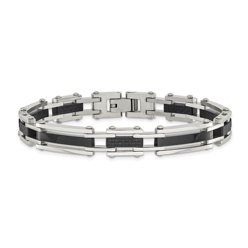 Alternate view of the 9.25mm Stainless Steel Black Plated & Carbon Fiber Bracelet, 8.25 Inch by The Black Bow Jewelry Co.
