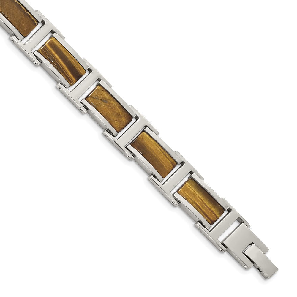 Men&#39;s 11mm Stainless Steel &amp; Brown Tiger&#39;s Eye Link Bracelet, 8.5 Inch, Item B18682 by The Black Bow Jewelry Co.