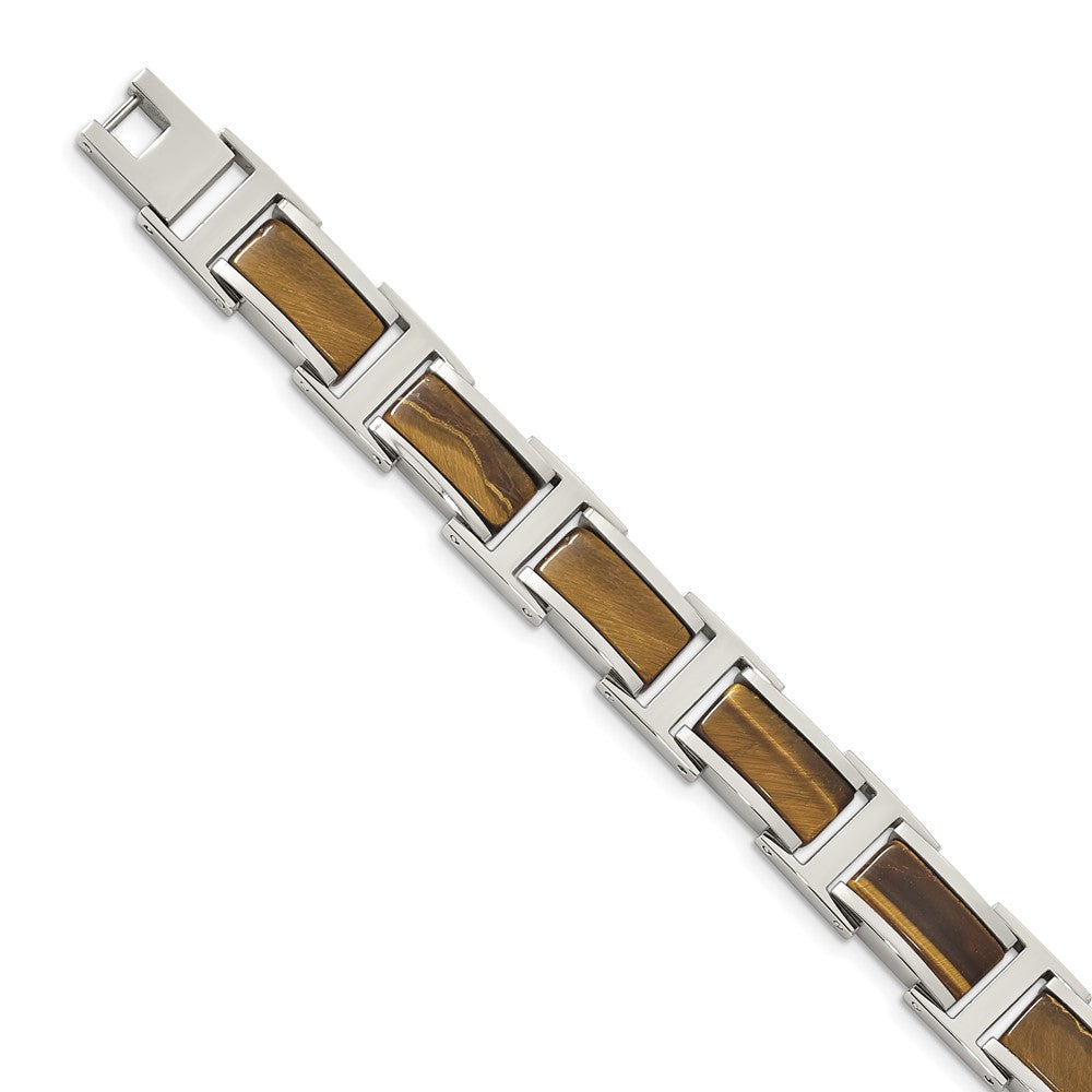 Alternate view of the Men&#39;s 11mm Stainless Steel &amp; Brown Tiger&#39;s Eye Link Bracelet, 8.5 Inch by The Black Bow Jewelry Co.