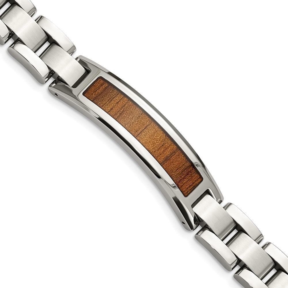 12mm Stainless Steel Enamel Brown Koa Wood I.D. Link Bracelet, 8.5 In, Item B18683 by The Black Bow Jewelry Co.