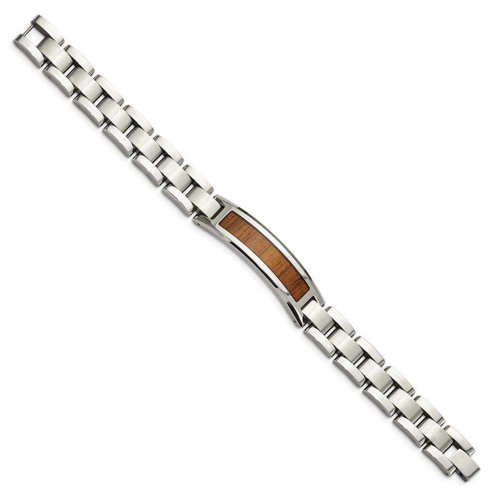 Alternate view of the 12mm Stainless Steel Enamel Brown Koa Wood I.D. Link Bracelet, 8.5 In by The Black Bow Jewelry Co.