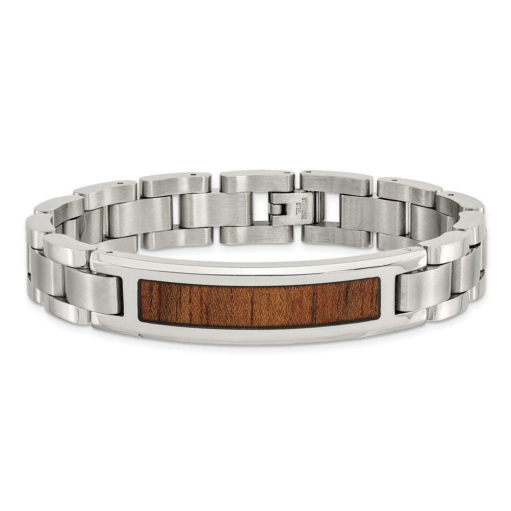 Alternate view of the 12mm Stainless Steel Enamel Brown Koa Wood I.D. Link Bracelet, 8.5 In by The Black Bow Jewelry Co.