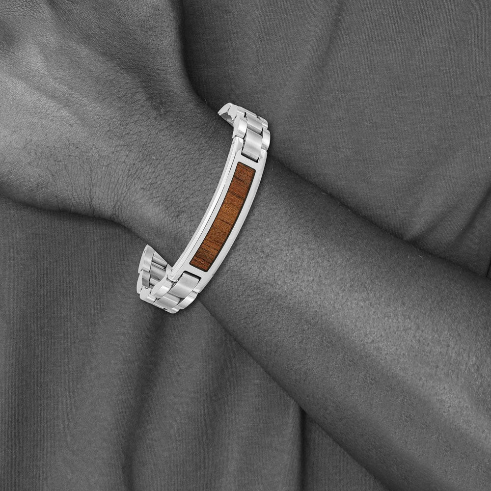 Alternate view of the 12mm Stainless Steel Enamel Brown Koa Wood I.D. Link Bracelet, 8.5 In by The Black Bow Jewelry Co.