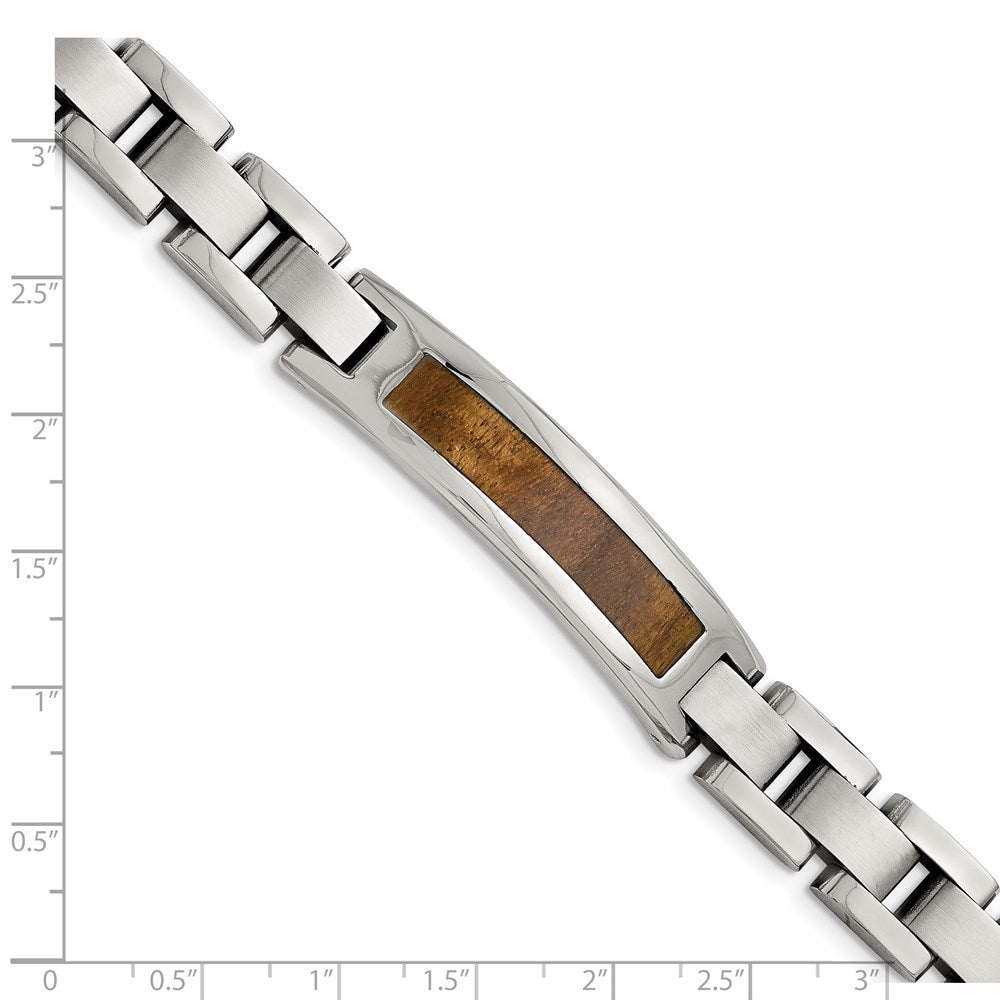 Alternate view of the 12mm Stainless Steel Enamel Brown Koa Wood I.D. Link Bracelet, 8.5 In by The Black Bow Jewelry Co.