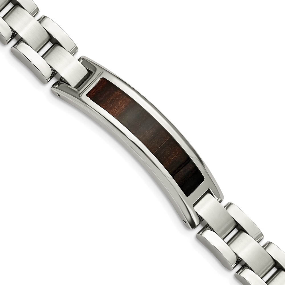 12mm Stainless Steel Enamel Black Koa Wood I.D. Link Bracelet, 8.5 In, Item B18684 by The Black Bow Jewelry Co.