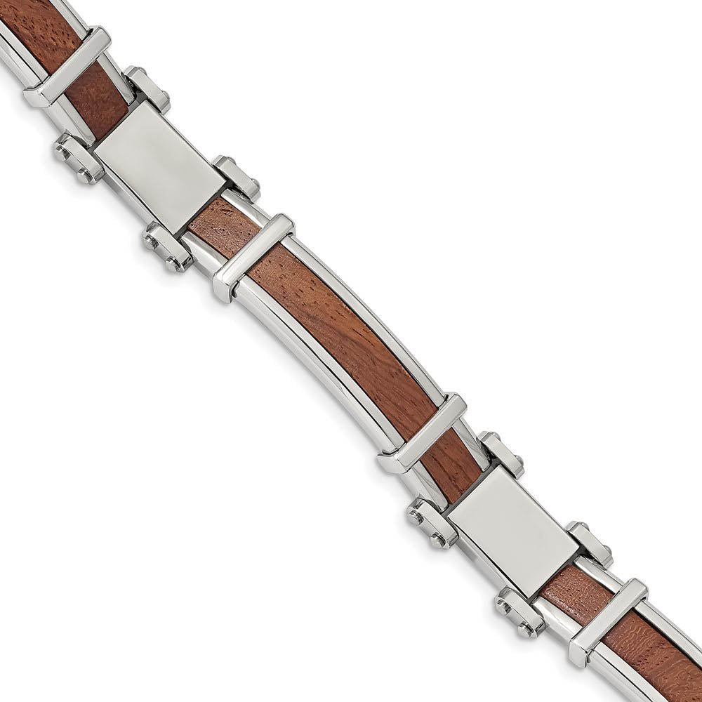 Men's 14mm Stainless Steel & Wood Inlay Link Bracelet, 8.25 Inch, Item B18686 by The Black Bow Jewelry Co.
