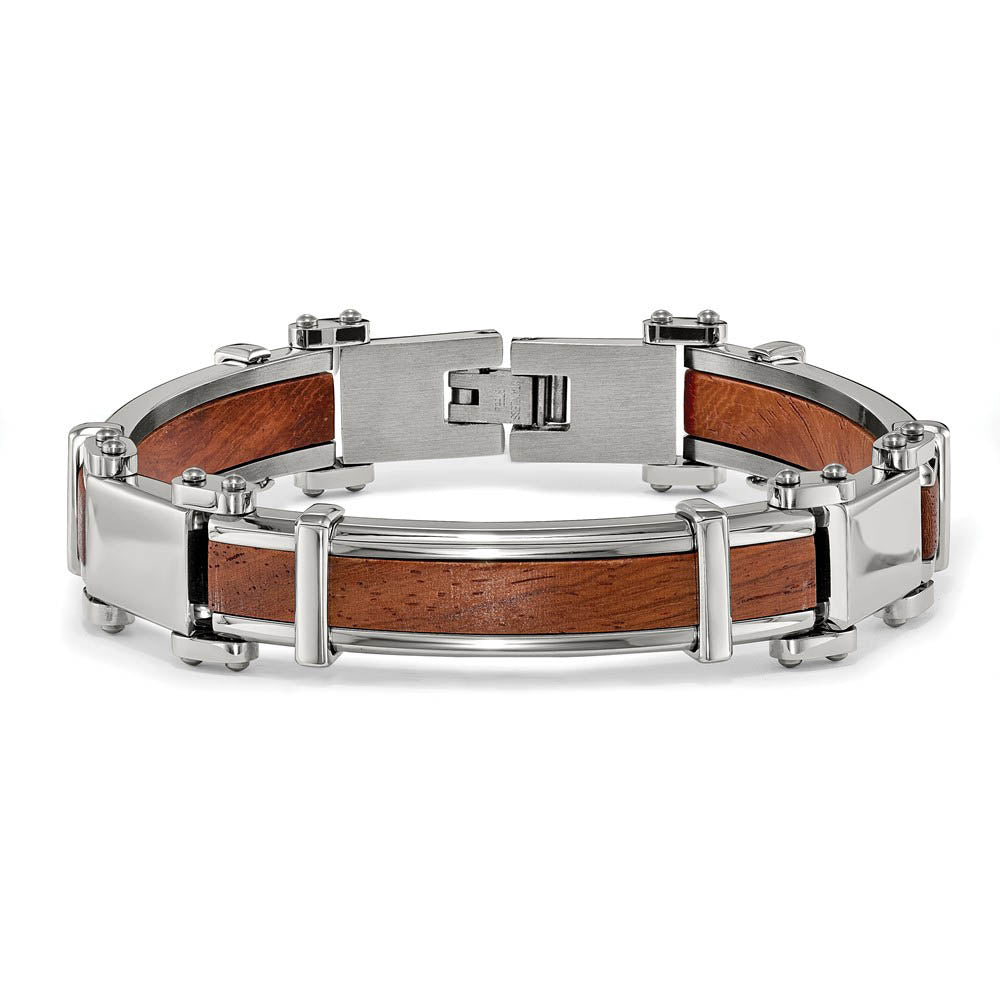 Alternate view of the Men's 14mm Stainless Steel & Wood Inlay Link Bracelet, 8.25 Inch by The Black Bow Jewelry Co.