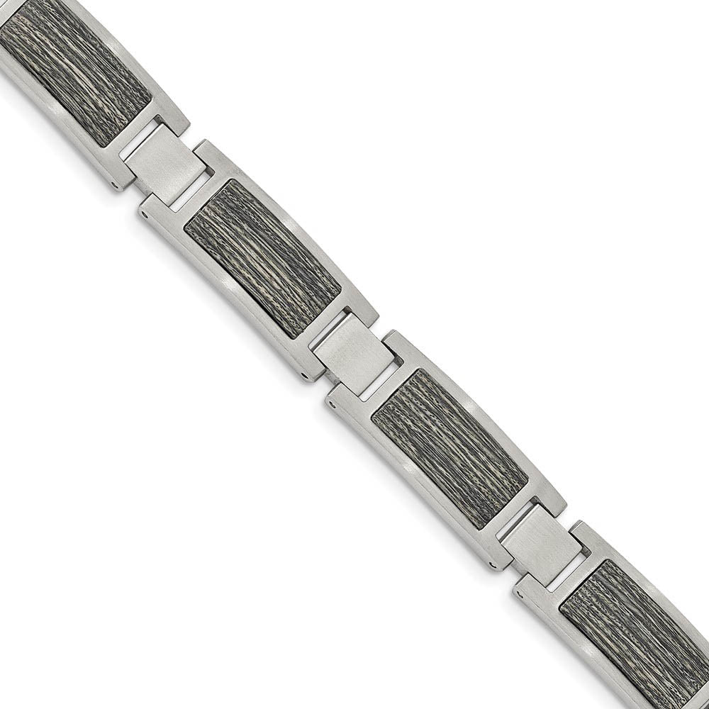 Men's 12mm Stainless Steel & Grey Wood Inlay Link Bracelet, 8.75 Inch, Item B18687 by The Black Bow Jewelry Co.