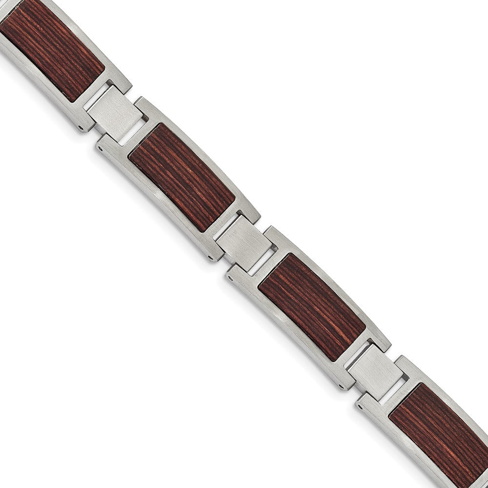 Men's 12mm Stainless Steel & Brown Wood Inlay Link Bracelet, 8.75 Inch