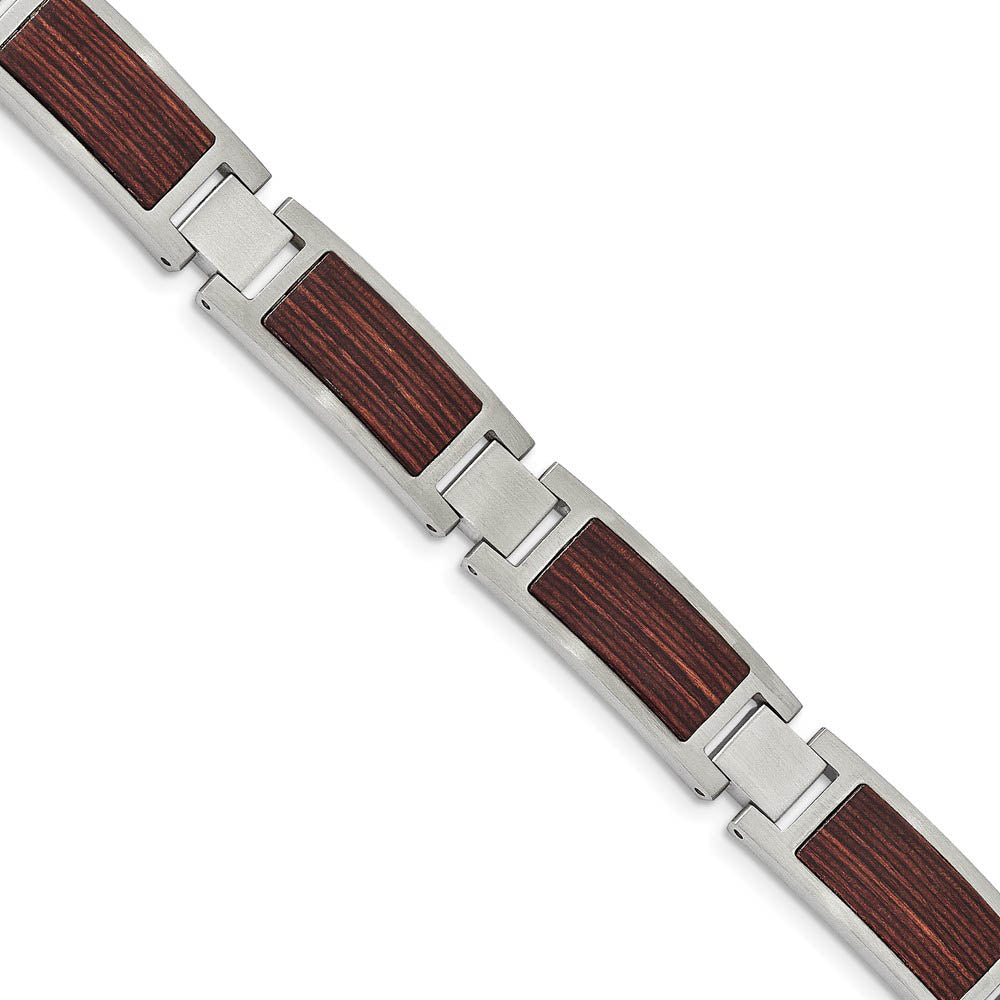 Men's 12mm Stainless Steel & Brown Wood Inlay Link Bracelet, 8.75 Inch, Item B18688 by The Black Bow Jewelry Co.