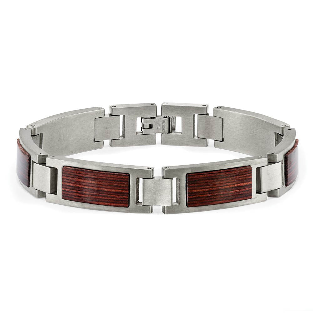 Alternate view of the Men's 12mm Stainless Steel & Brown Wood Inlay Link Bracelet, 8.75 Inch by The Black Bow Jewelry Co.