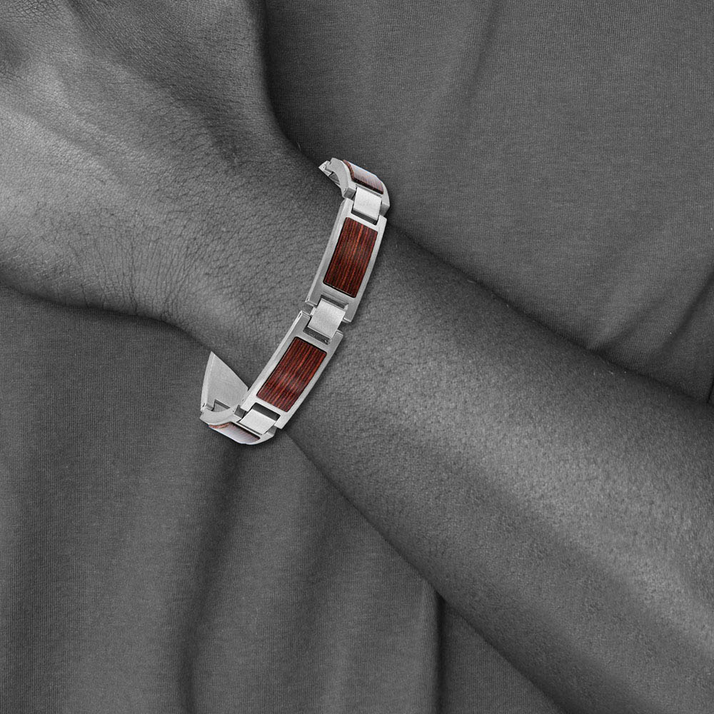 Alternate view of the Men's 12mm Stainless Steel & Brown Wood Inlay Link Bracelet, 8.75 Inch by The Black Bow Jewelry Co.