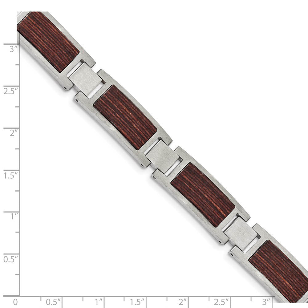 Alternate view of the Men's 12mm Stainless Steel & Brown Wood Inlay Link Bracelet, 8.75 Inch by The Black Bow Jewelry Co.