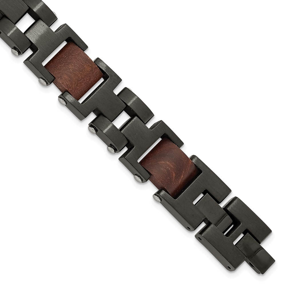 15mm Black Plated Stainless Steel & Wood Link Adj. Bracelet, 8.5 Inch, Item B18689 by The Black Bow Jewelry Co.