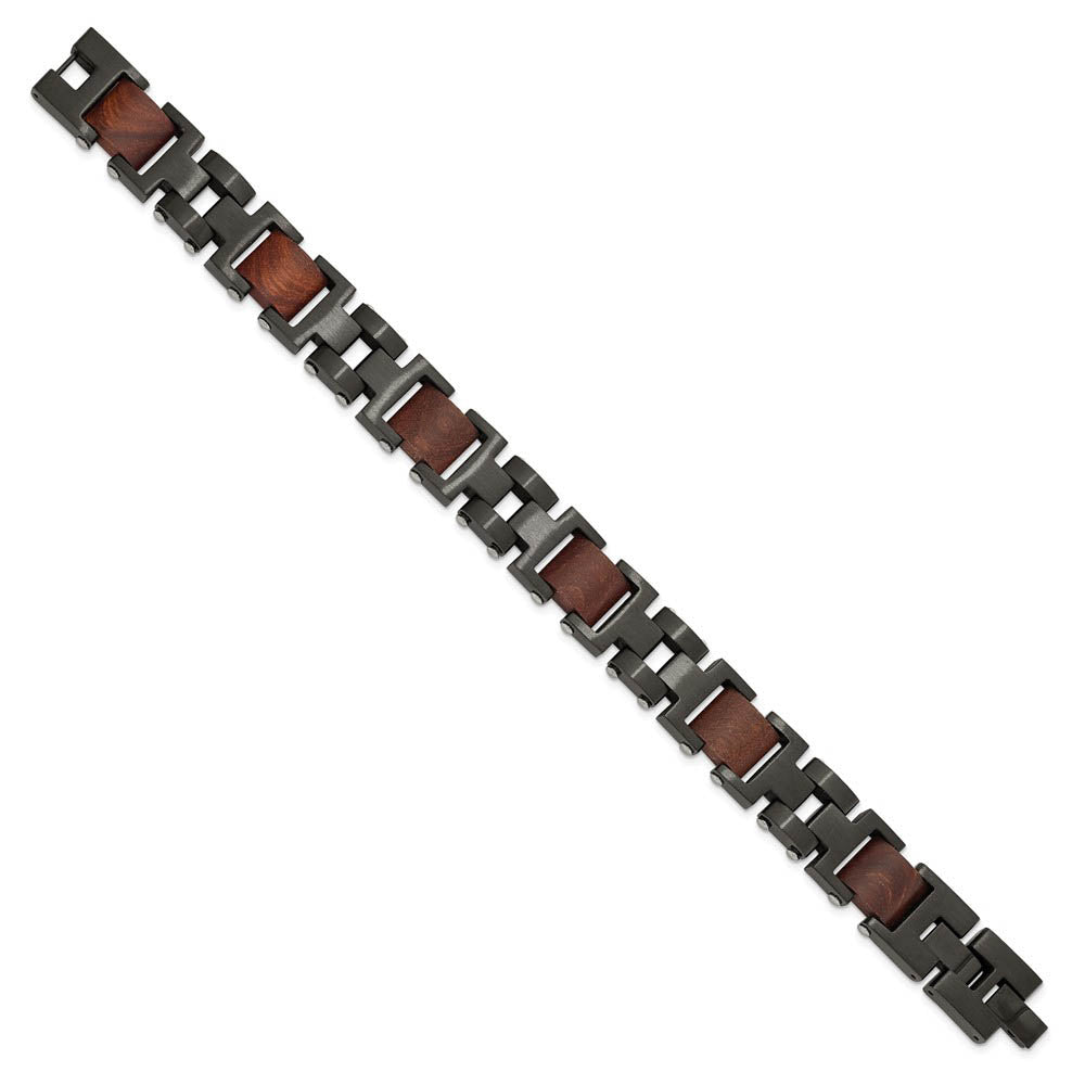Alternate view of the 15mm Black Plated Stainless Steel & Wood Link Adj. Bracelet, 8.5 Inch by The Black Bow Jewelry Co.
