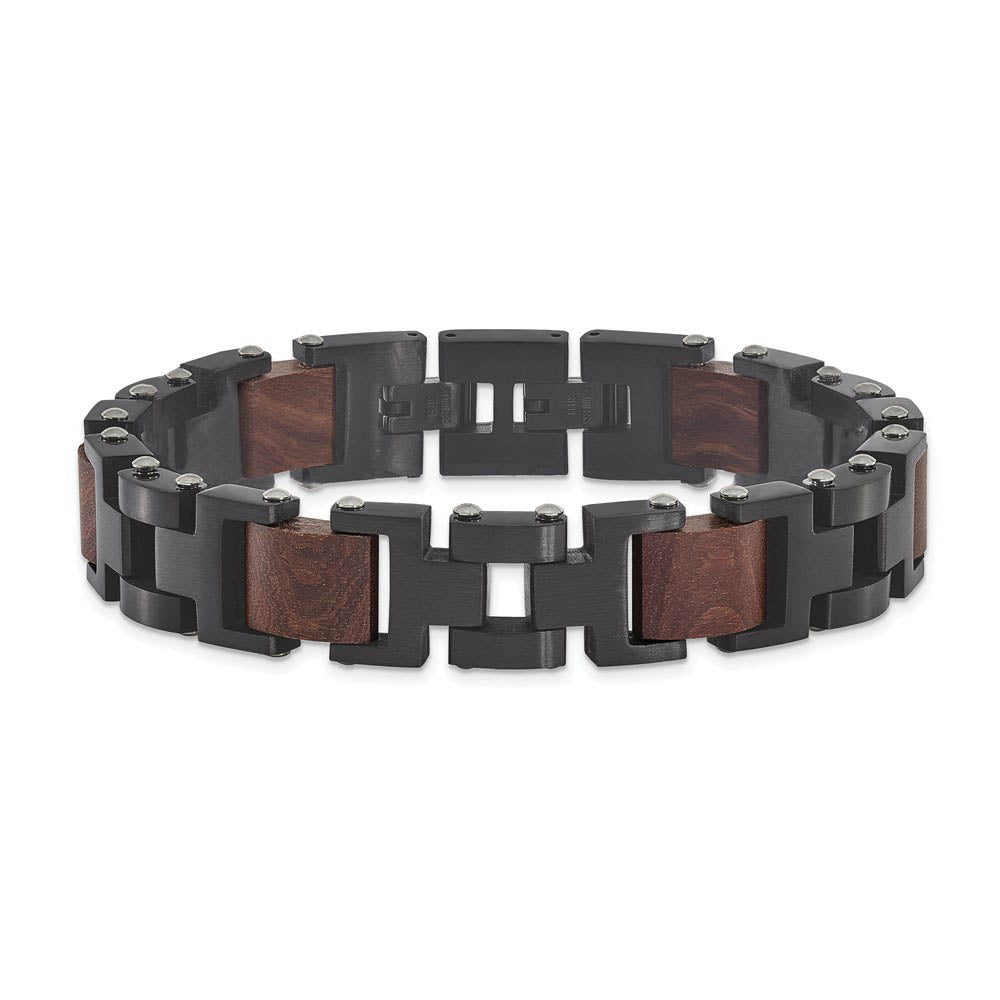 Alternate view of the 15mm Black Plated Stainless Steel & Wood Link Adj. Bracelet, 8.5 Inch by The Black Bow Jewelry Co.