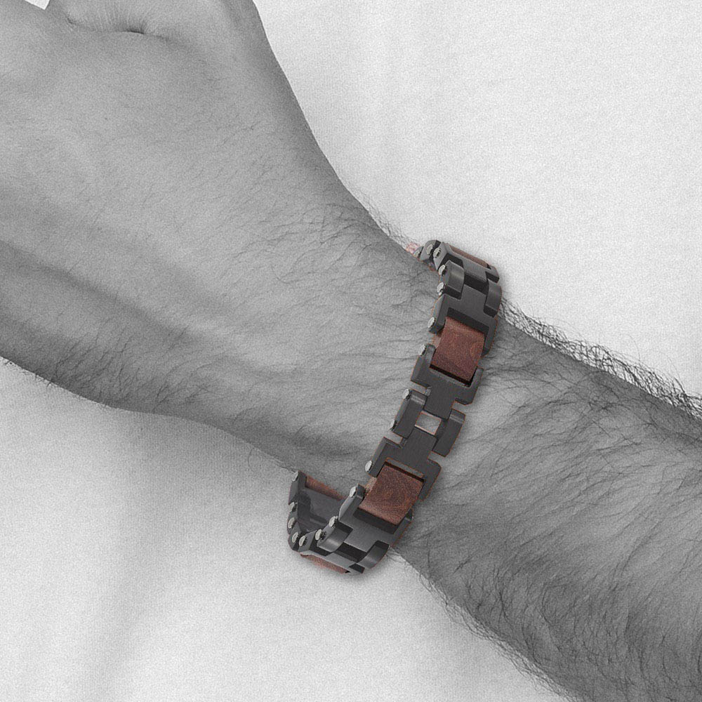 Alternate view of the 15mm Black Plated Stainless Steel & Wood Link Adj. Bracelet, 8.5 Inch by The Black Bow Jewelry Co.