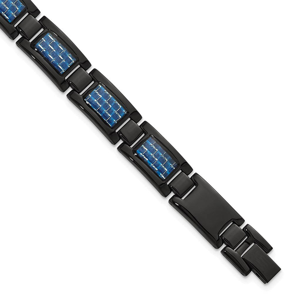12mm Black Plated Stainless Steel, Blue Carbon Fiber Bracelet, 8.25 In, Item B18690 by The Black Bow Jewelry Co.