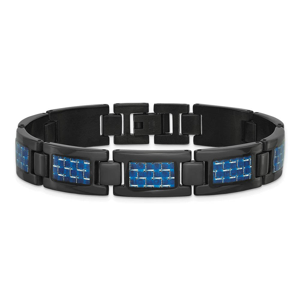 Alternate view of the 12mm Black Plated Stainless Steel, Blue Carbon Fiber Bracelet, 8.25 In by The Black Bow Jewelry Co.