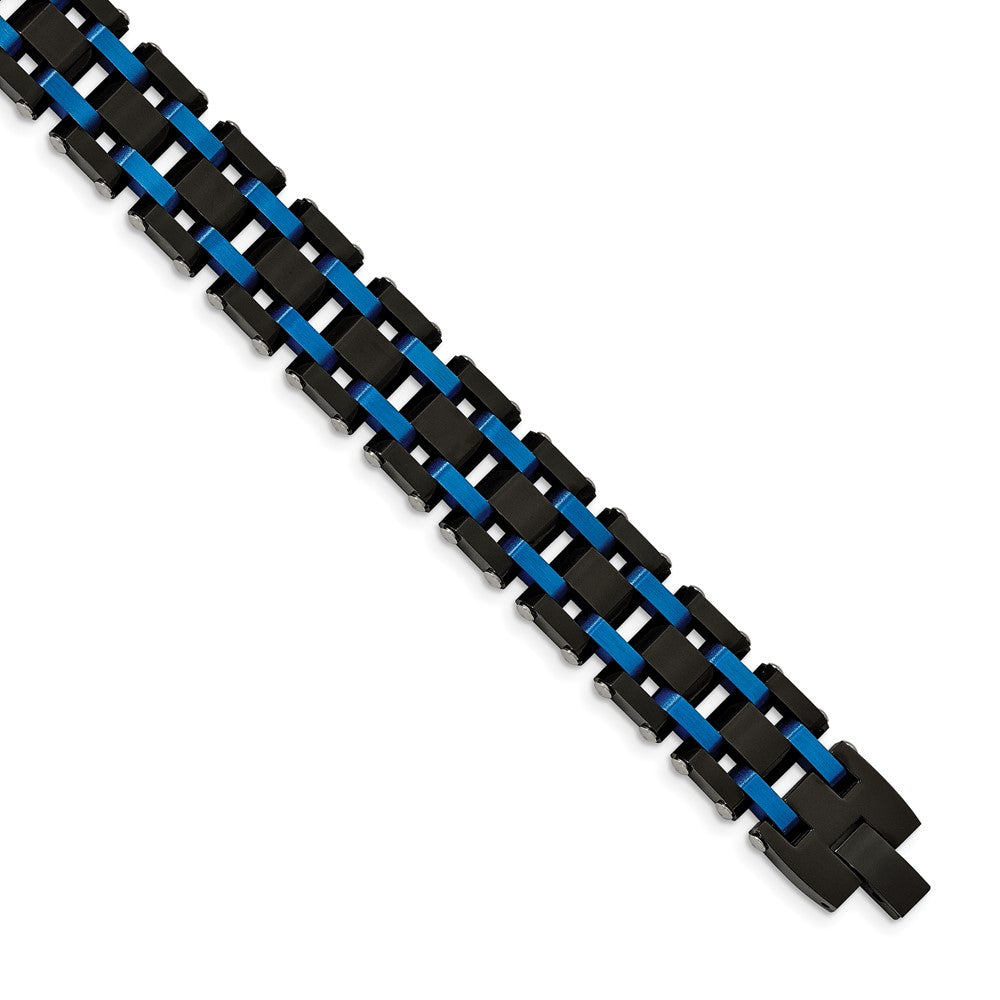 Mens 16mm Stainless Steel, Black &amp; Blue Plated Link Bracelet, 8.5 Inch, Item B18691 by The Black Bow Jewelry Co.