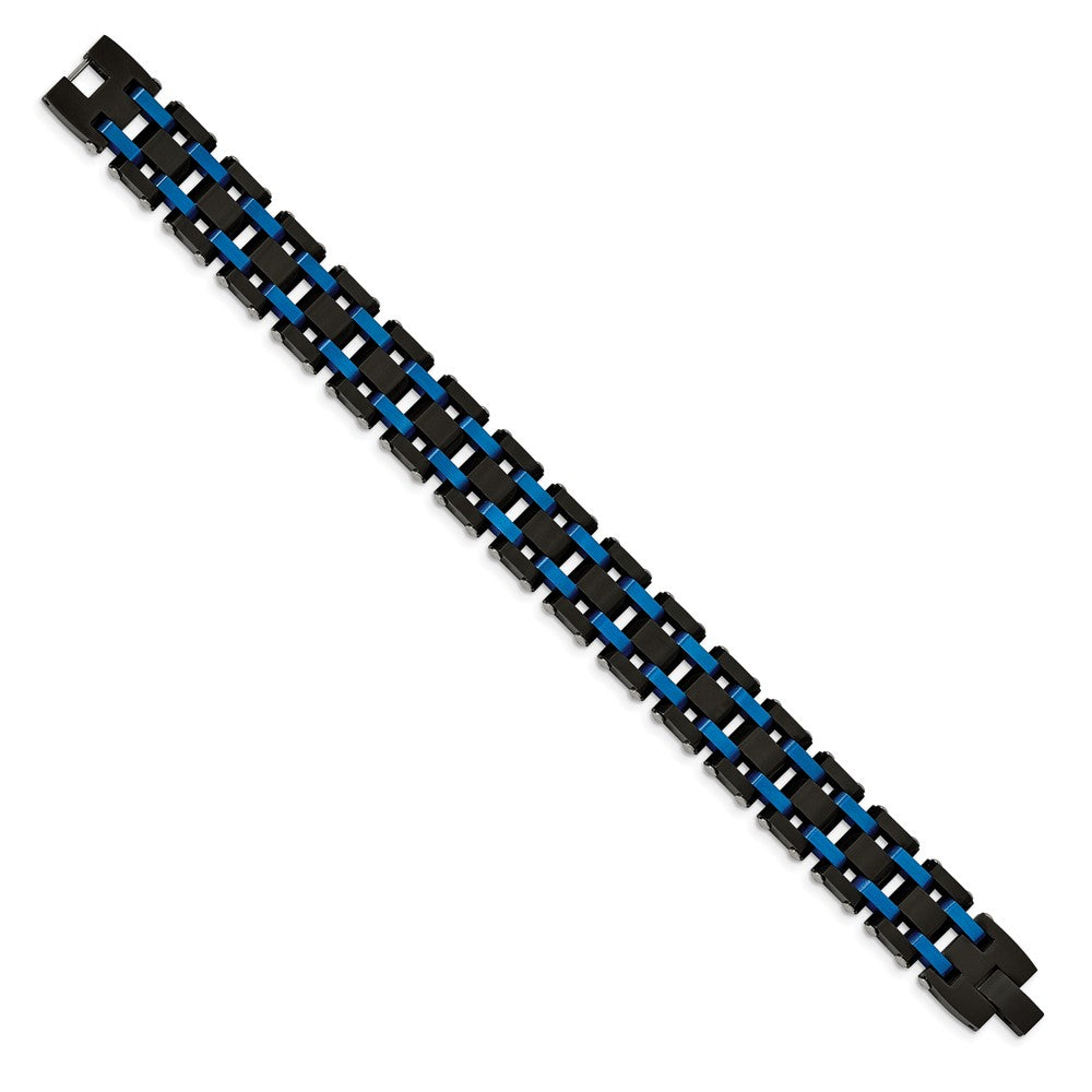 Alternate view of the Mens 16mm Stainless Steel, Black &amp; Blue Plated Link Bracelet, 8.5 Inch by The Black Bow Jewelry Co.