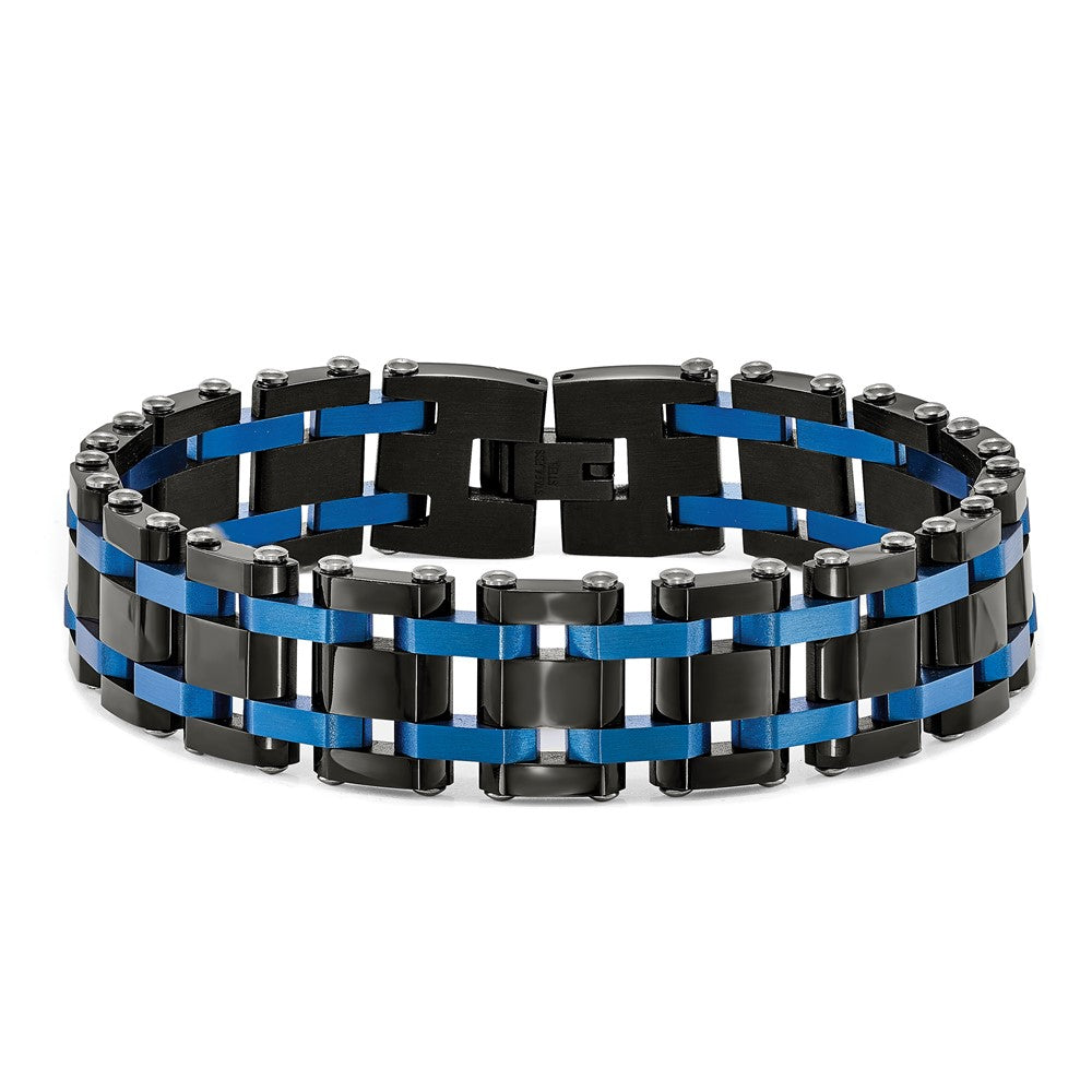 Alternate view of the Mens 16mm Stainless Steel, Black &amp; Blue Plated Link Bracelet, 8.5 Inch by The Black Bow Jewelry Co.