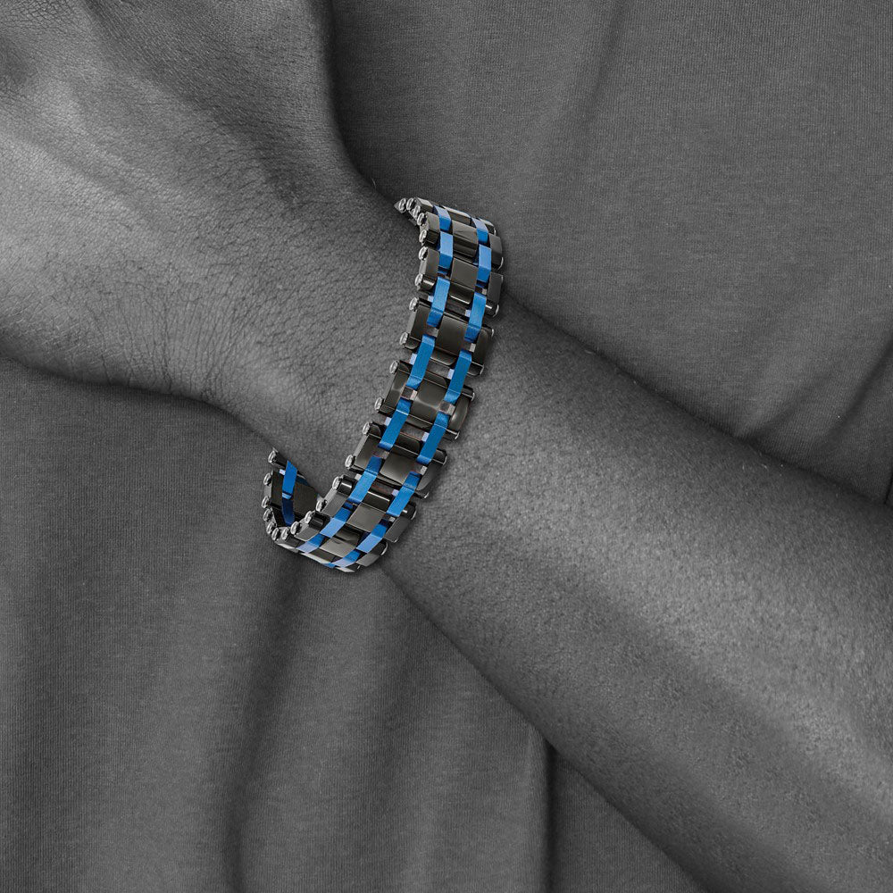 Alternate view of the Mens 16mm Stainless Steel, Black &amp; Blue Plated Link Bracelet, 8.5 Inch by The Black Bow Jewelry Co.