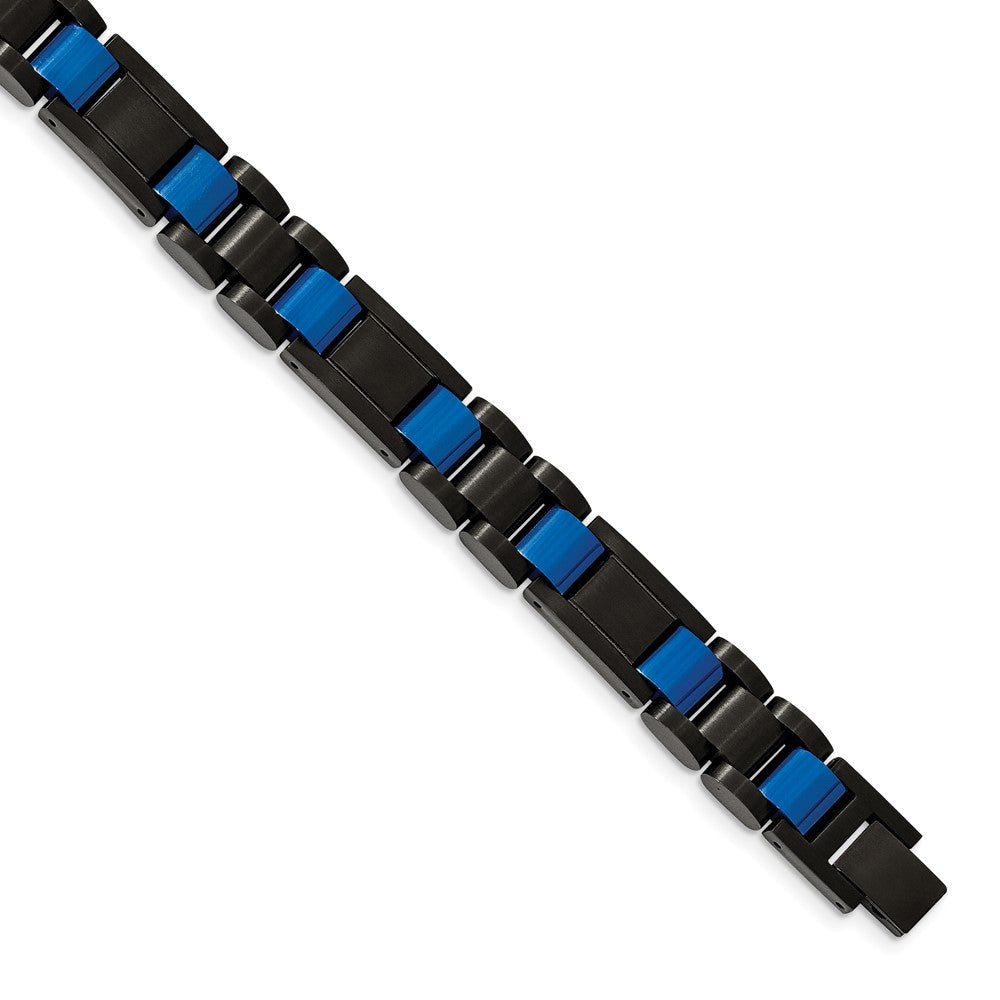 Mens 11mm Black &amp; Blue Plated Stainless Steel Link Bracelet, 8.75 Inch, Item B18692 by The Black Bow Jewelry Co.