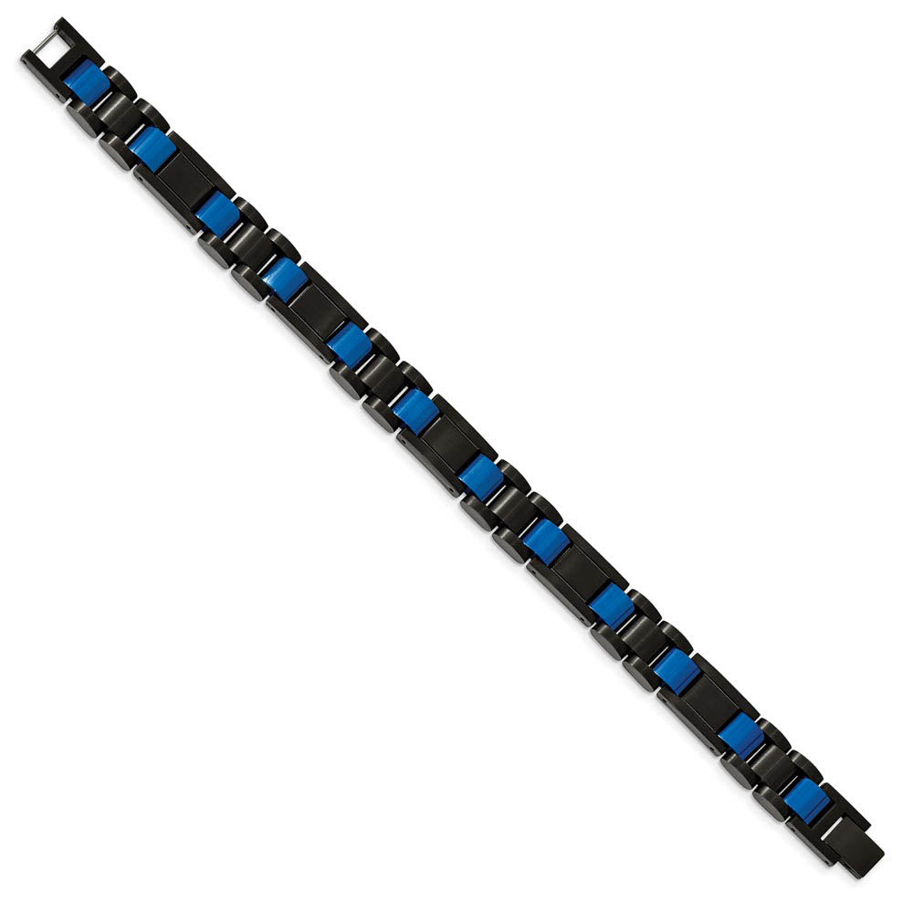 Alternate view of the Mens 11mm Black & Blue Plated Stainless Steel Link Bracelet, 8.75 Inch by The Black Bow Jewelry Co.