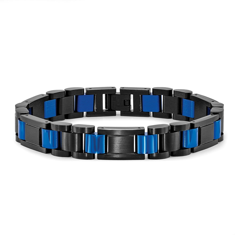 Alternate view of the Mens 11mm Black &amp; Blue Plated Stainless Steel Link Bracelet, 8.75 Inch by The Black Bow Jewelry Co.