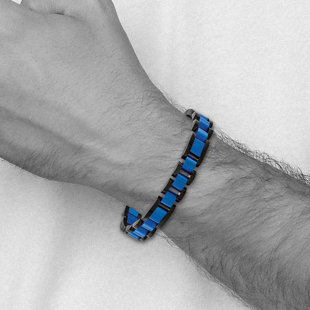 Alternate view of the Mens 12mm Black & Blue Plated Stainless Steel Link Bracelet, 8.75 Inch by The Black Bow Jewelry Co.