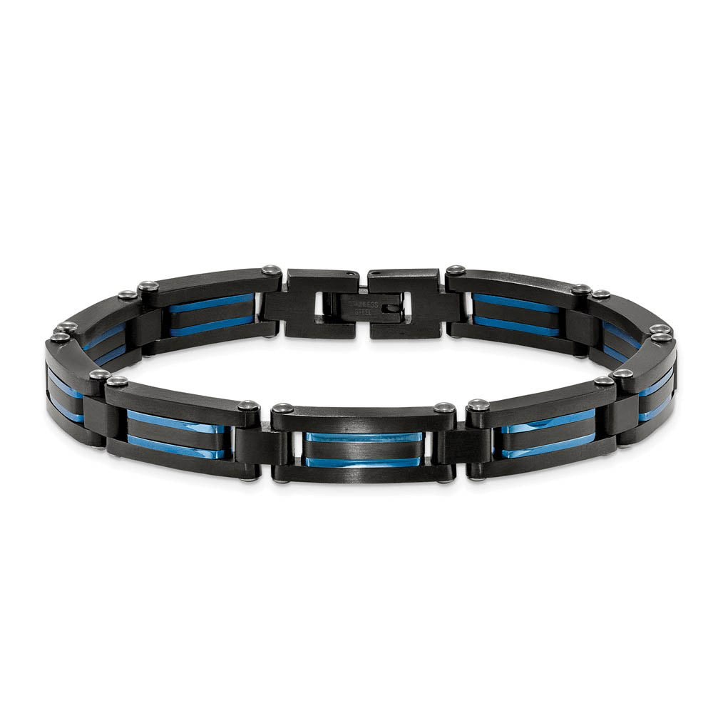 Alternate view of the Mens 8.25mm Black & Blue Plated Stainless Steel Link Bracelet, 8.5 In by The Black Bow Jewelry Co.